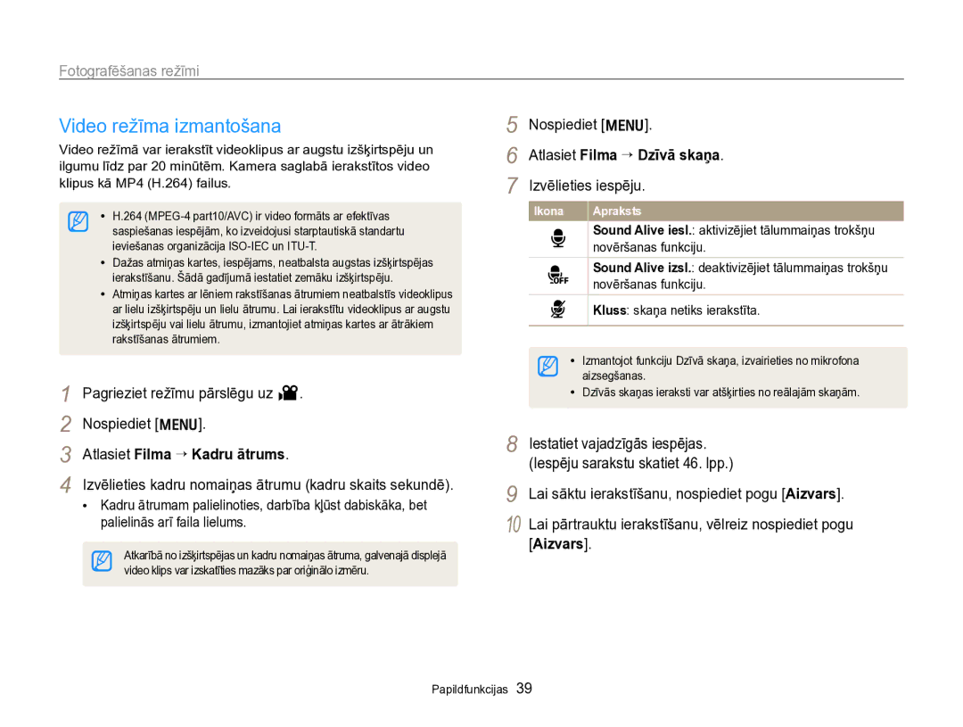 Samsung EC-PL170ZBPBE2 manual Video režīma izmantošana, Pagrieziet režīmu pārslēgu uz v Nospiediet m 