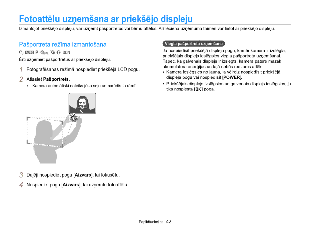 Samsung EC-PL170ZBPBE2 manual Fotoattēlu uzņemšana ar priekšējo displeju, Pašportreta režīma izmantošana 