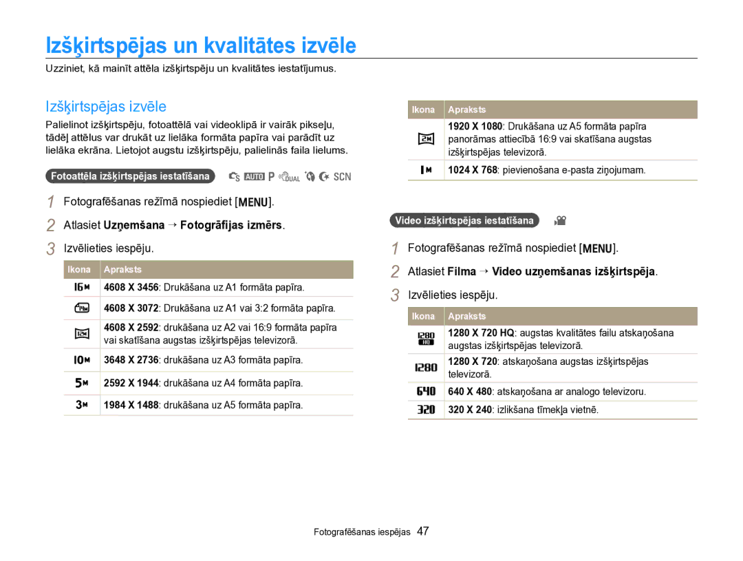 Samsung EC-PL170ZBPBE2 manual Izšķirtspējas un kvalitātes izvēle, Izšķirtspējas izvēle, Video izšķirtspējas iestatīšana 