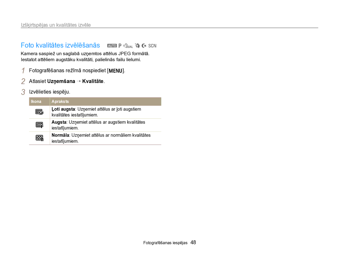 Samsung EC-PL170ZBPBE2 manual Foto kvalitātes izvēlēšanās a p d b N s, Izšķirtspējas un kvalitātes izvēle 