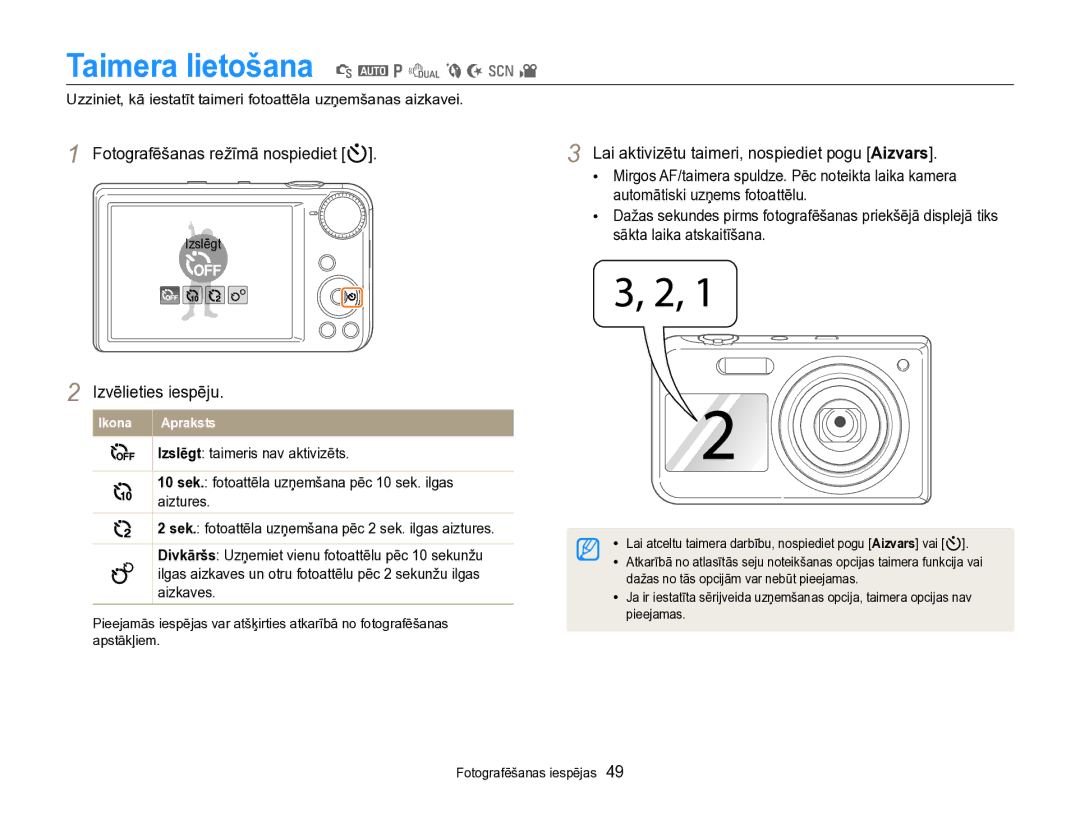 Samsung EC-PL170ZBPBE2 manual Taimera lietošana S a p d b N s, Fotografēšanas režīmā nospiediet t 