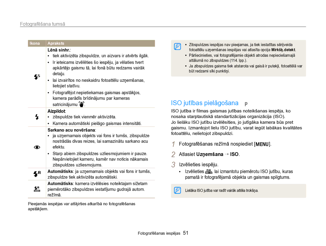 Samsung EC-PL170ZBPBE2 manual ISO jutības pielāgošana p, Fotografēšana tumsā, Lēnā sinhr, Aizpildоt 