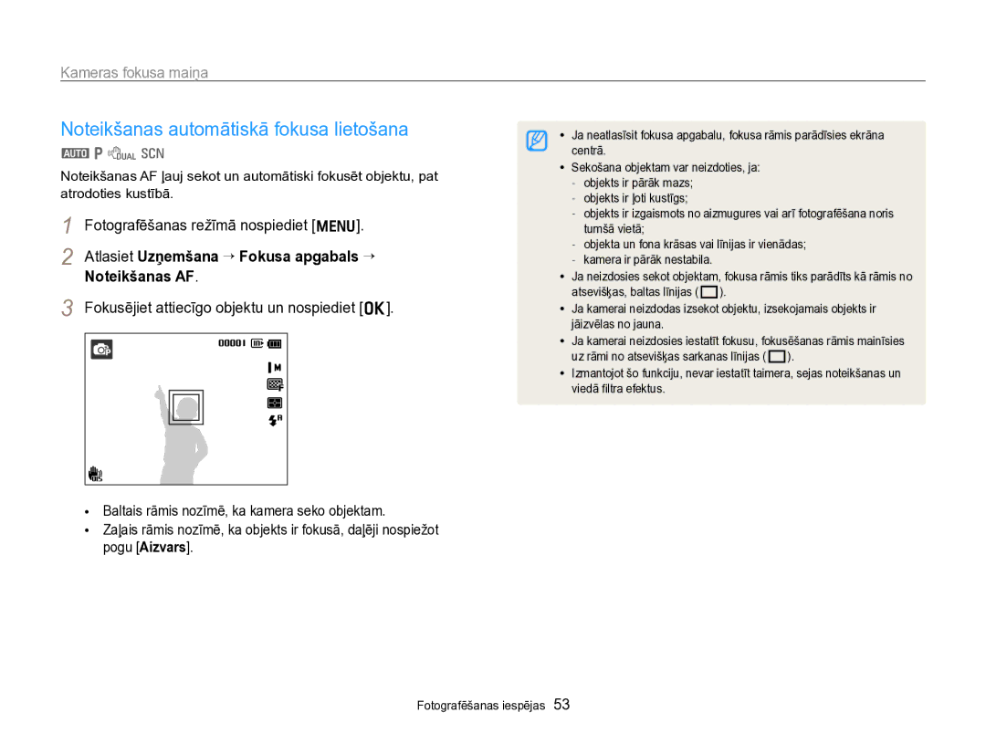 Samsung EC-PL170ZBPBE2 manual Kameras fokusa maiņa, Atlasiet Uzņemšana “ Fokusa apgabals “ Noteikšanas AF 