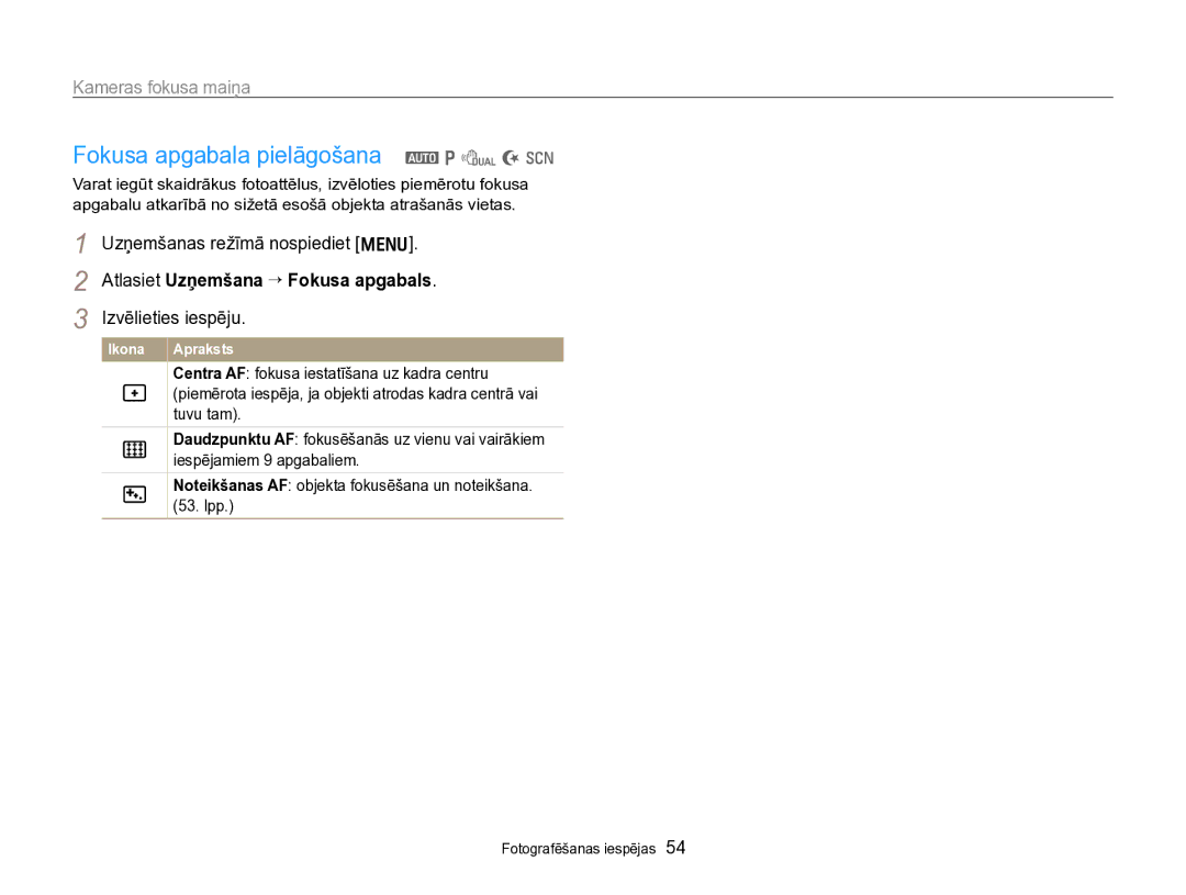 Samsung EC-PL170ZBPBE2 manual Fokusa apgabala pielāgošana a p d N s, Uzņemšanas režīmā nospiediet m 