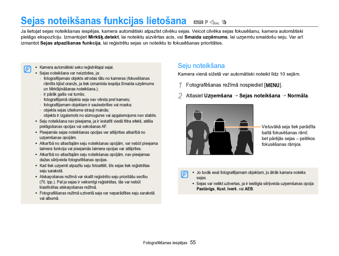 Samsung EC-PL170ZBPBE2 manual Sejas noteikšanas funkcijas lietošana a p d b, Seju noteikšana 