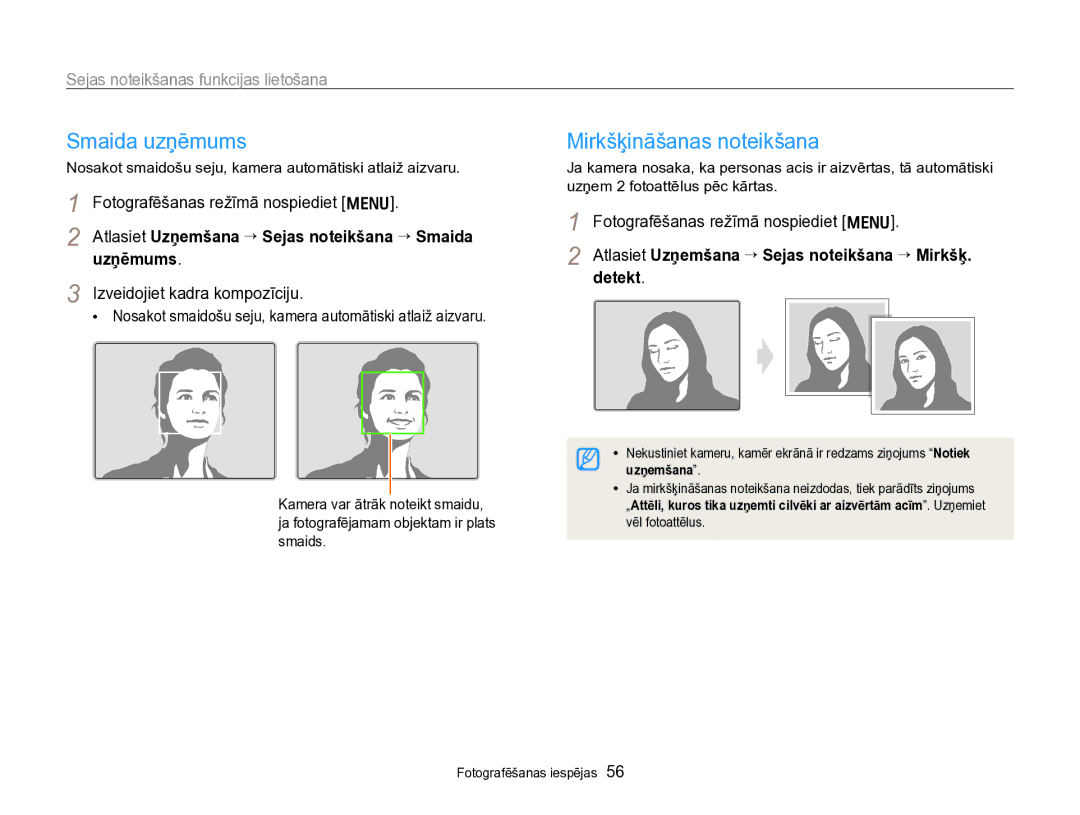 Samsung EC-PL170ZBPBE2 manual Smaida uzņēmums, Mirkšķināšanas noteikšana, Sejas noteikšanas funkcijas lietošana 