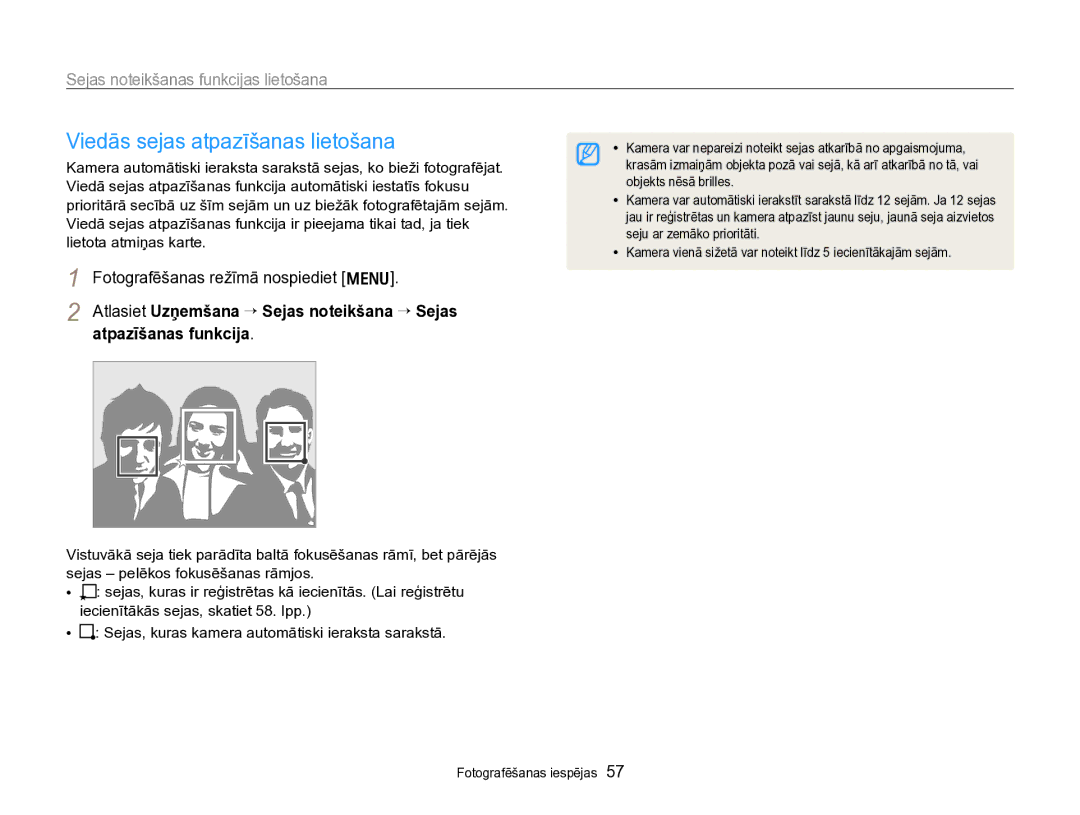 Samsung EC-PL170ZBPBE2 manual Viedās sejas atpazīšanas lietošana 