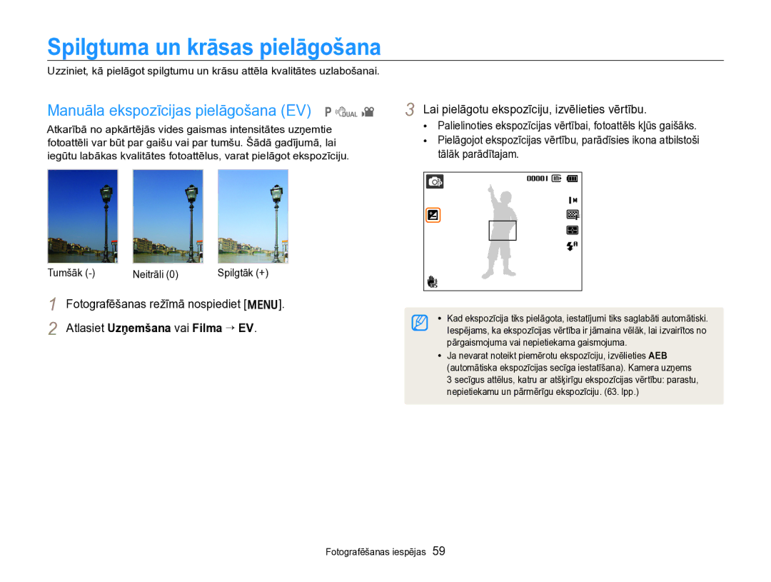 Samsung EC-PL170ZBPBE2 manual Spilgtuma un krāsas pielāgošana, Manuāla ekspozīcijas pielāgošana EV p d 