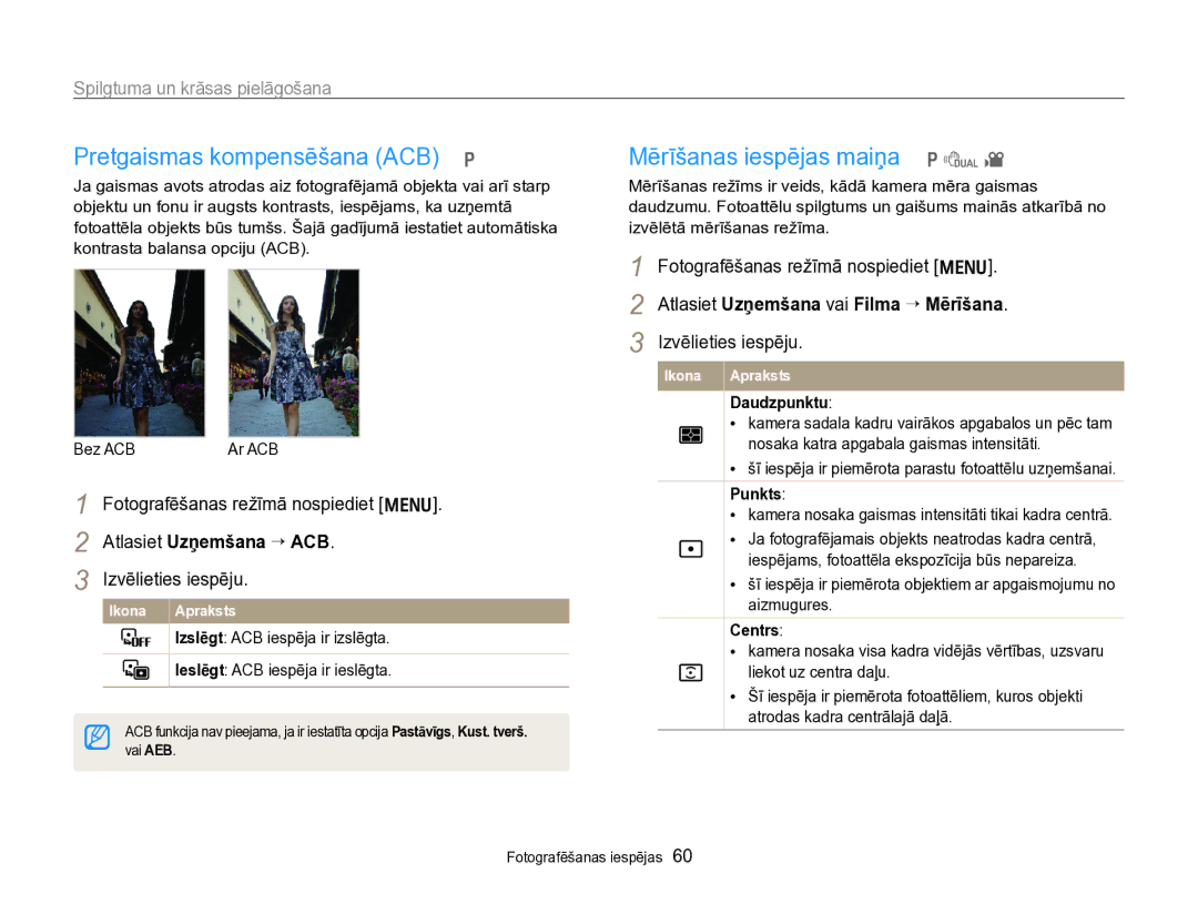 Samsung EC-PL170ZBPBE2 manual Pretgaismas kompensēšana ACB p, Mērīšanas iespējas maiņa p d, Spilgtuma un krāsas pielāgošana 