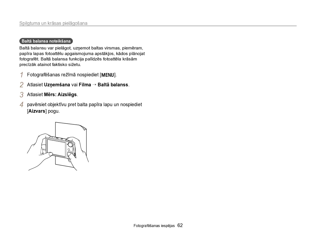 Samsung EC-PL170ZBPBE2 manual Atlasiet Mērs Aizslēgs, Aizvars pogu, Baltā balansa noteikšana 