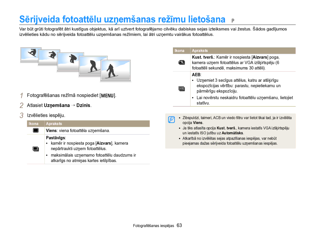 Samsung EC-PL170ZBPBE2 manual Sērijveida fotoattēlu uzņemšanas režīmu lietošana p, Atlasiet Uzņemšana “ Dzinis, Pastāvīgs 