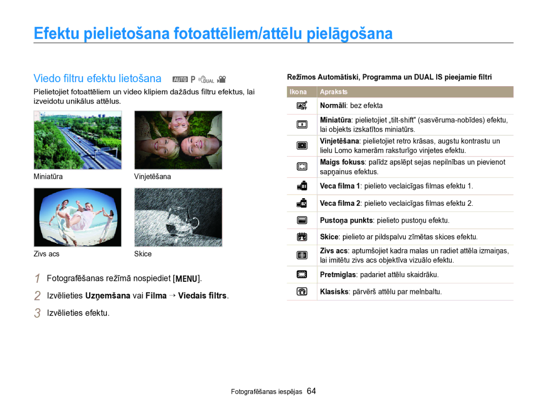 Samsung EC-PL170ZBPBE2 manual Efektu pielietošana fotoattēliem/attēlu pielāgošana, Viedo ﬁltru efektu lietošana a p d 