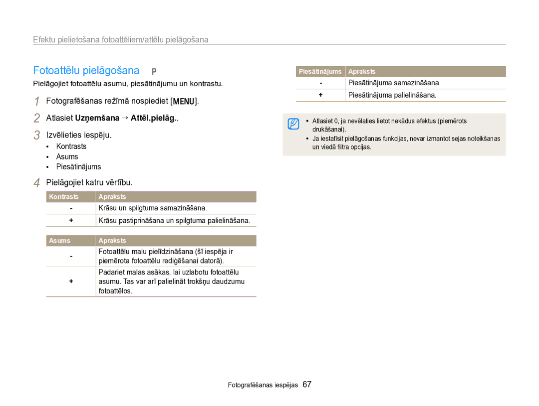 Samsung EC-PL170ZBPBE2 manual Fotoattēlu pielāgošana p, Pielāgojiet katru vērtību, Kontrasts Asums Piesātinājums 