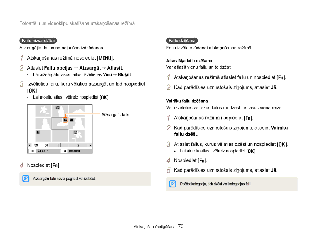 Samsung EC-PL170ZBPBE2 manual Atlasiet Failu opcijas “ Aizsargāt “ Atlasīt, Failu aizsardzība, Failu dzēšana 