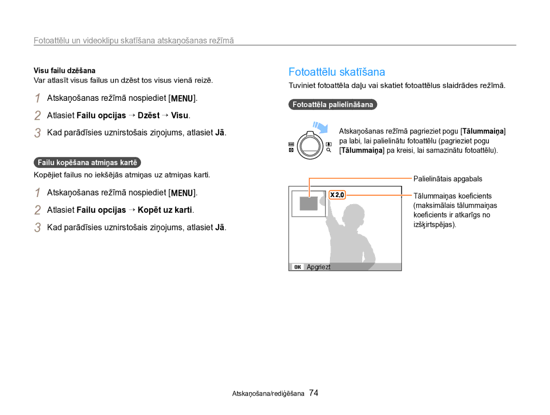 Samsung EC-PL170ZBPBE2 manual Fotoattēlu skatīšana, Atlasiet Failu opcijas “ Dzēst “ Visu, Failu kopēšana atmiņas kartē 