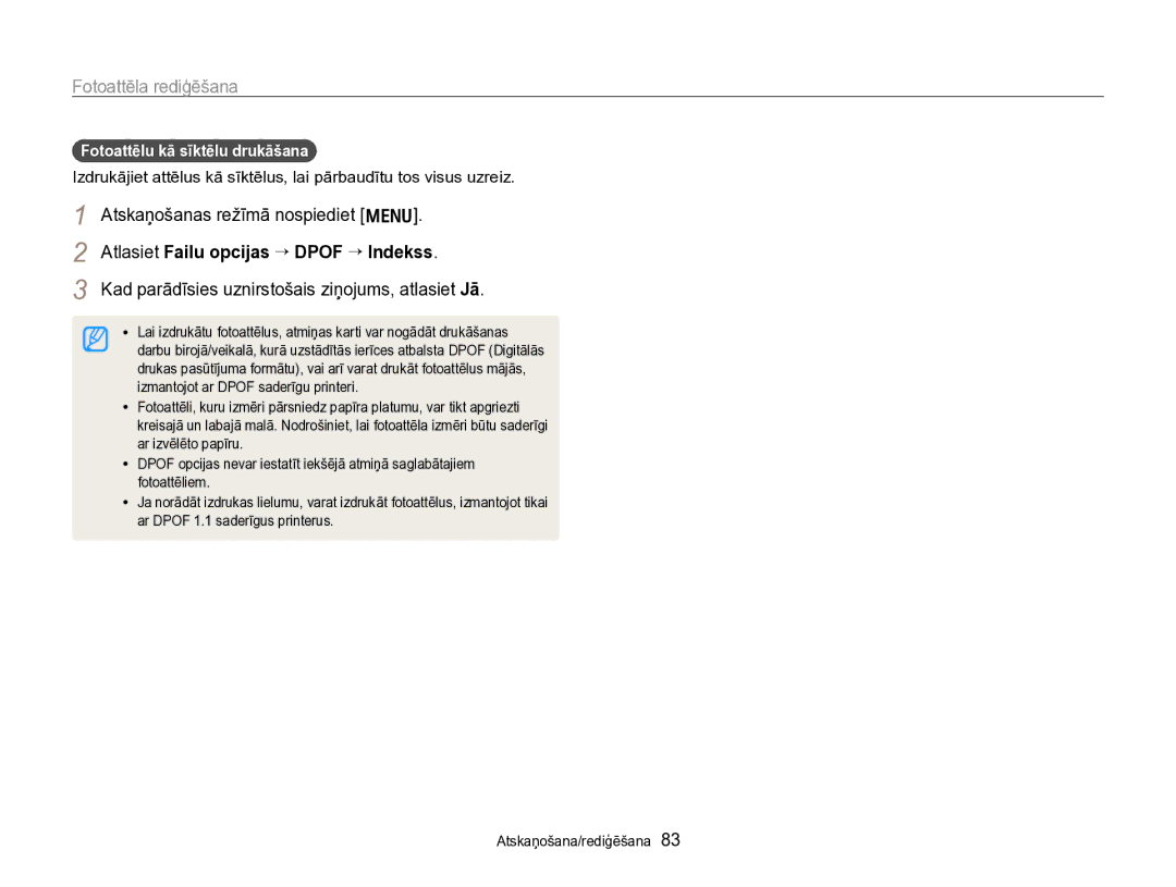 Samsung EC-PL170ZBPBE2 manual Atlasiet Failu opcijas “ Dpof “ Indekss, Fotoattēlu kā sīktēlu drukāšana 