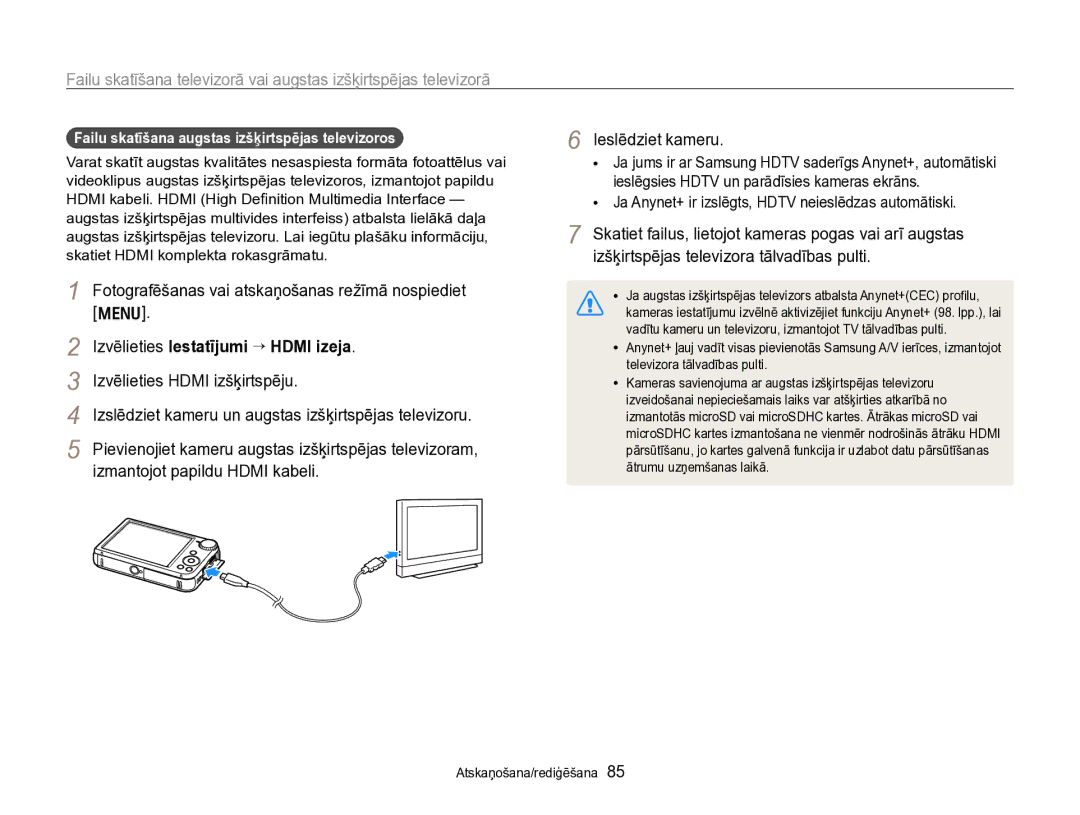 Samsung EC-PL170ZBPBE2 manual Izvēlieties Iestatījumi “ Hdmi izeja, Failu skatīšana augstas izšķirtspējas televizoros 