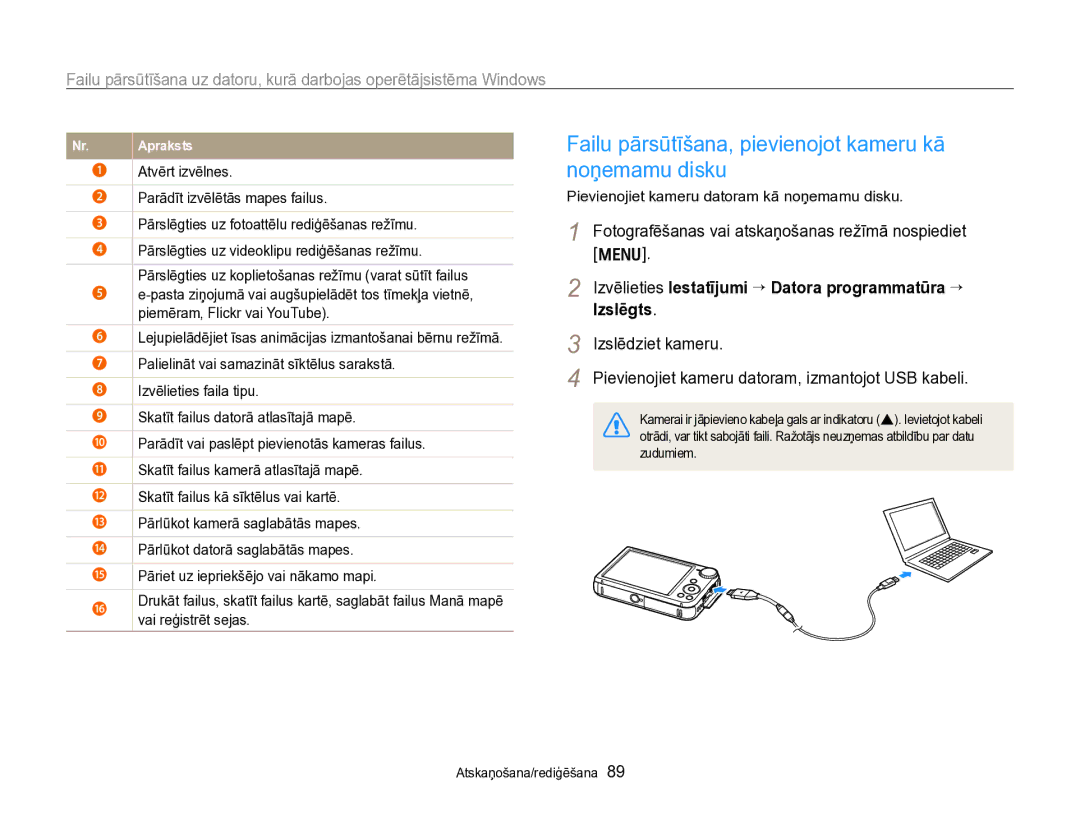 Samsung EC-PL170ZBPBE2 manual Failu pārsūtīšana, pievienojot kameru kā noņemamu disku 