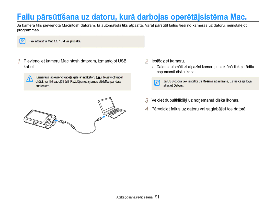 Samsung EC-PL170ZBPBE2 manual Pievienojiet kameru Macintosh datoram, izmantojot USB kabeli 