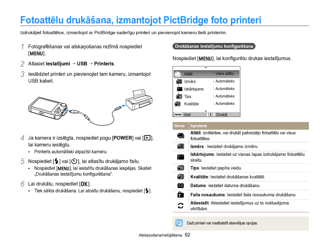 Samsung EC-PL170ZBPBE2 Fotoattēlu drukāšana, izmantojot PictBridge foto printeri, Atlasiet Iestatījumi “ USB “ Printeris 