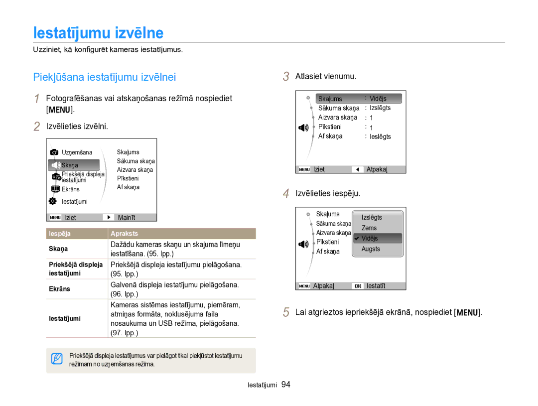 Samsung EC-PL170ZBPBE2 manual Iestatījumu izvēlne, Piekļūšana iestatījumu izvēlnei 