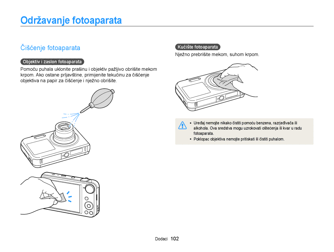 Samsung EC-PL170ZFPBE3 Održavanje fotoaparata, Čišćenje fotoaparata, Objektiv i zaslon fotoaparata, Kućište fotoaparata 