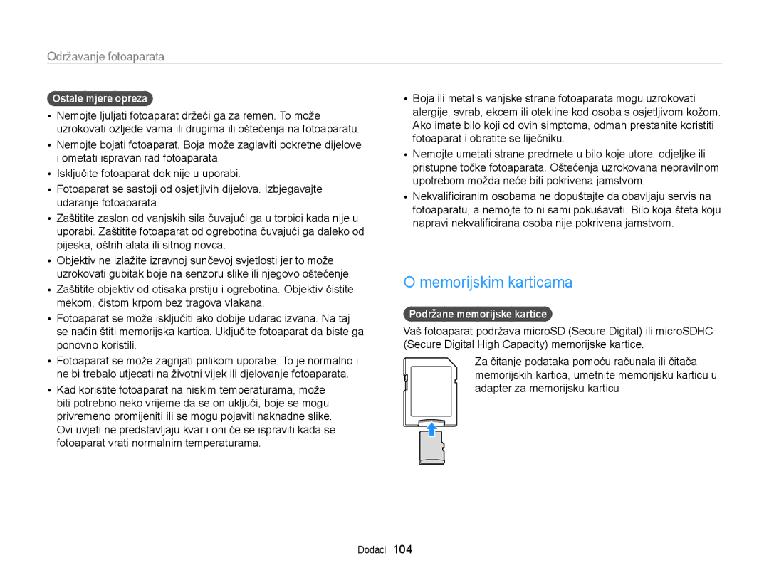 Samsung EC-PL170ZBPPE3, EC-PL170ZBPBE3 manual Memorijskim karticama, Ostale mjere opreza, Podržane memorijske kartice 