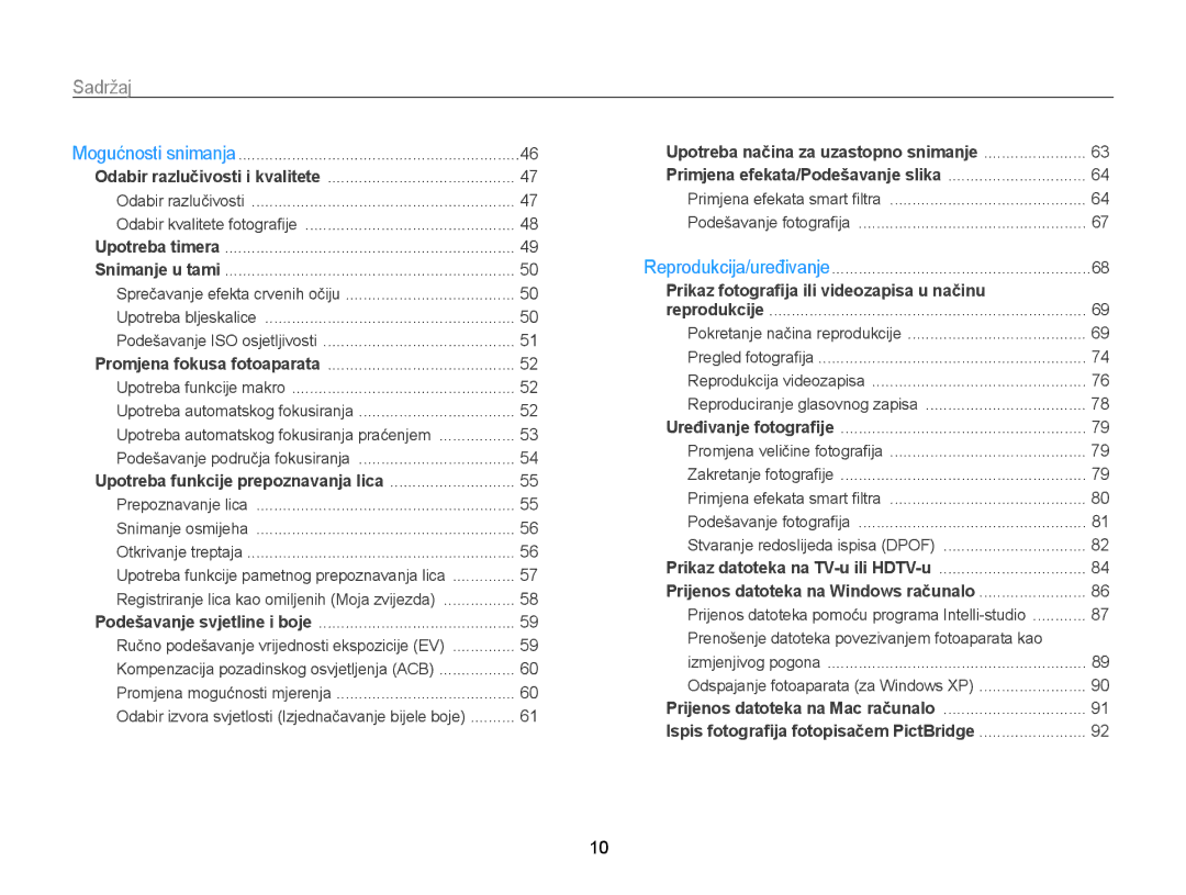 Samsung EC-PL170ZFPBE3, EC-PL170ZBPBE3, EC-PL170ZBPPE3, EC-PL170ZBPSE3 manual Sadržaj, Podešavanje područja fokusiranja 