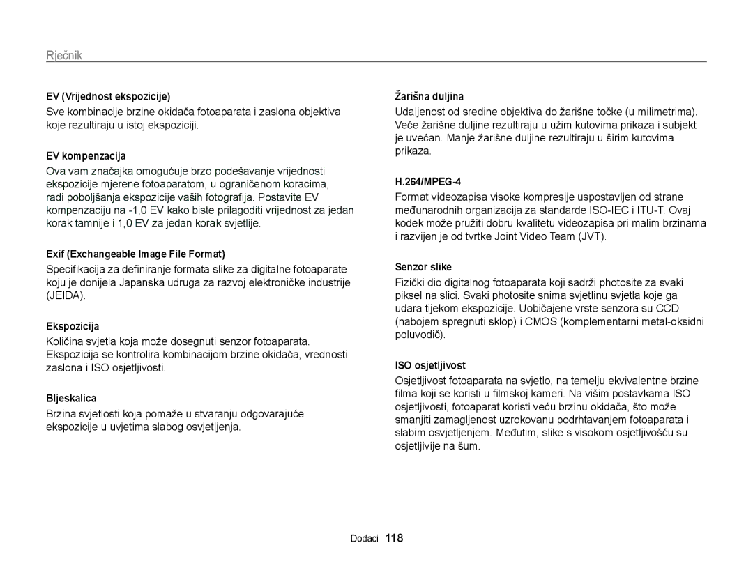 Samsung EC-PL170ZFPBE3, EC-PL170ZBPBE3, EC-PL170ZBPPE3, EC-PL170ZBPSE3 manual Rječnik 