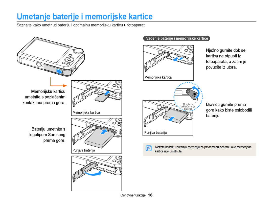 Samsung EC-PL170ZBPPE3 manual Umetanje baterije i memorijske kartice, Bateriju, Vađenje baterije i memorijske kartice 