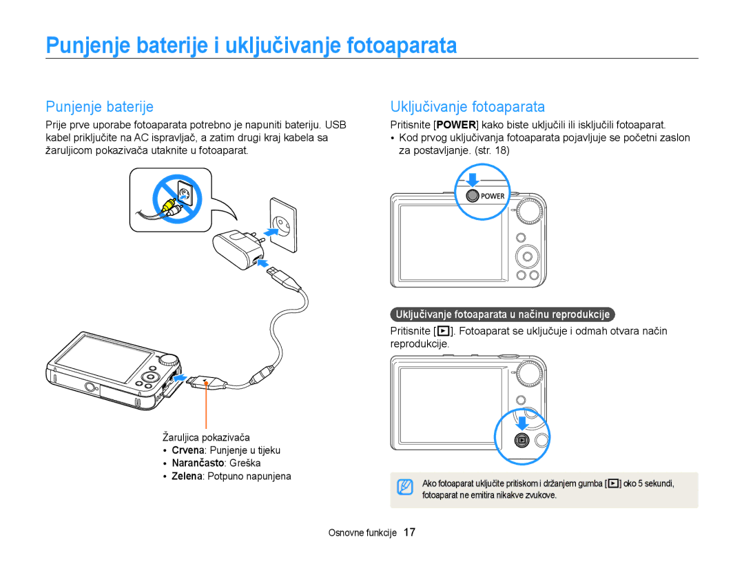 Samsung EC-PL170ZBPSE3 manual Punjenje baterije i uključivanje fotoaparata, Uključivanje fotoaparata, Narančasto Greška 