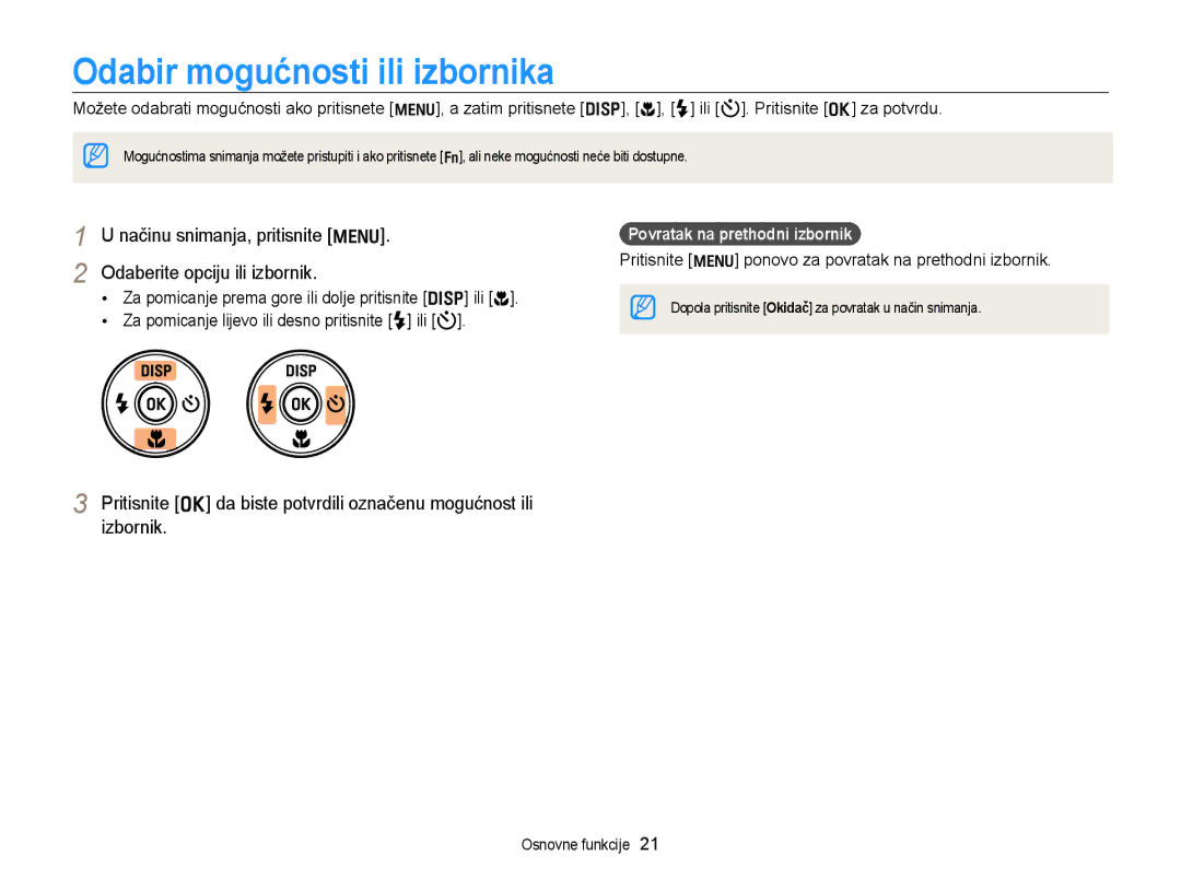 Samsung EC-PL170ZBPSE3 Odabir mogućnosti ili izbornika, Odaberite opciju ili izbornik, Povratak na prethodni izbornik 