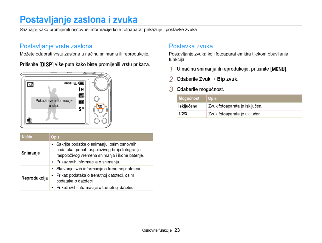 Samsung EC-PL170ZBPBE3, EC-PL170ZBPPE3 manual Postavljanje zaslona i zvuka, Postavljanje vrste zaslona, Postavka zvuka 