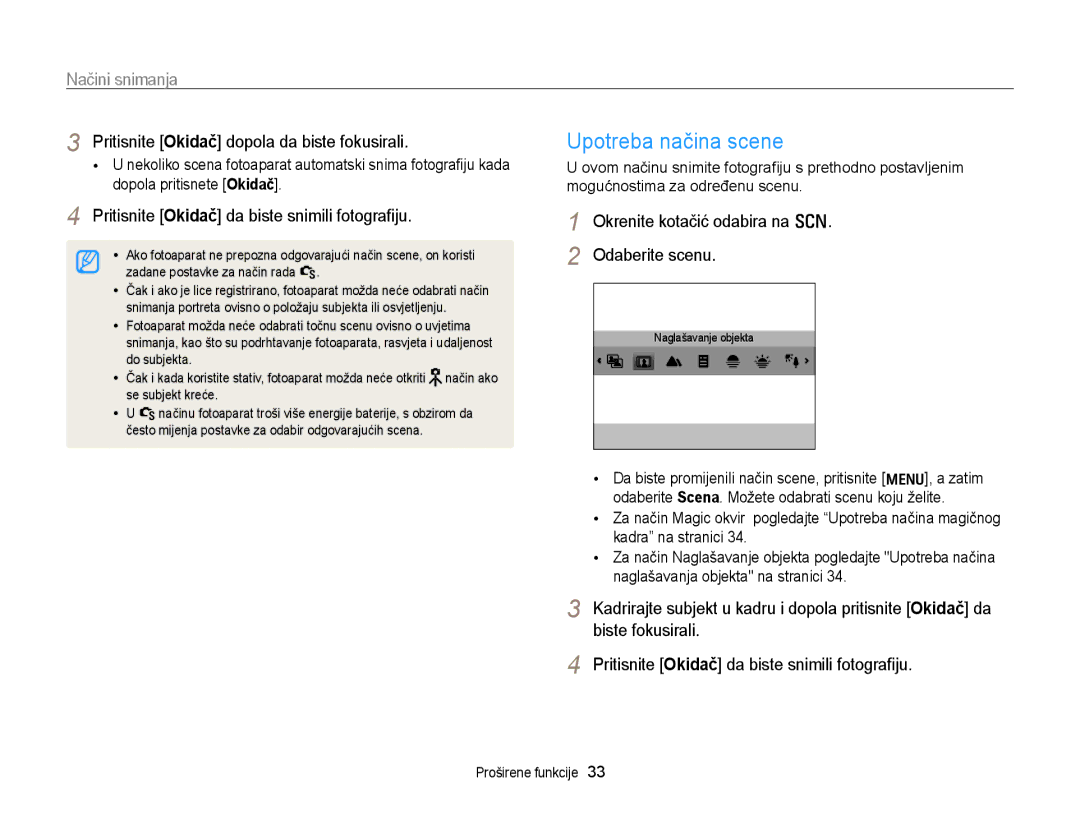 Samsung EC-PL170ZBPSE3 manual Upotreba načina scene, Načini snimanja, Okrenite kotačić odabira na s Odaberite scenu 