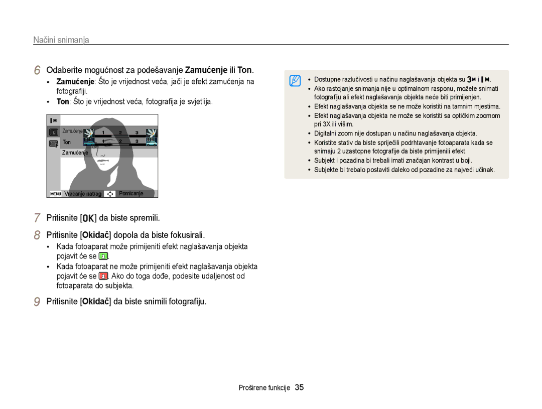 Samsung EC-PL170ZBPBE3 manual Odaberite mogućnost za podešavanje Zamućenje ili Ton, Pritisnite o da biste spremili 