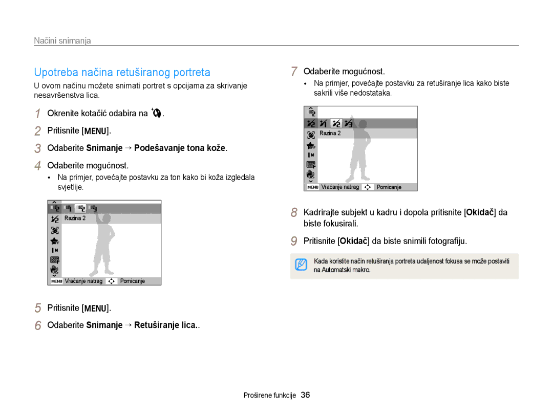 Samsung EC-PL170ZBPPE3 Upotreba načina retuširanog portreta, Okrenite kotačić odabira na b Pritisnite m, Biste fokusirali 