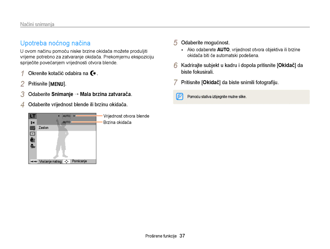 Samsung EC-PL170ZBPSE3 manual Upotreba noćnog načina, Odaberite Snimanje “ Mala brzina zatvarača, Biste fokusirali 