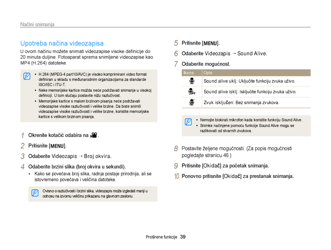 Samsung EC-PL170ZBPBE3 Upotreba načina videozapisa, Odaberite Videozapis “ Broj okvira, Odaberite Videozapis “ Sound Alive 