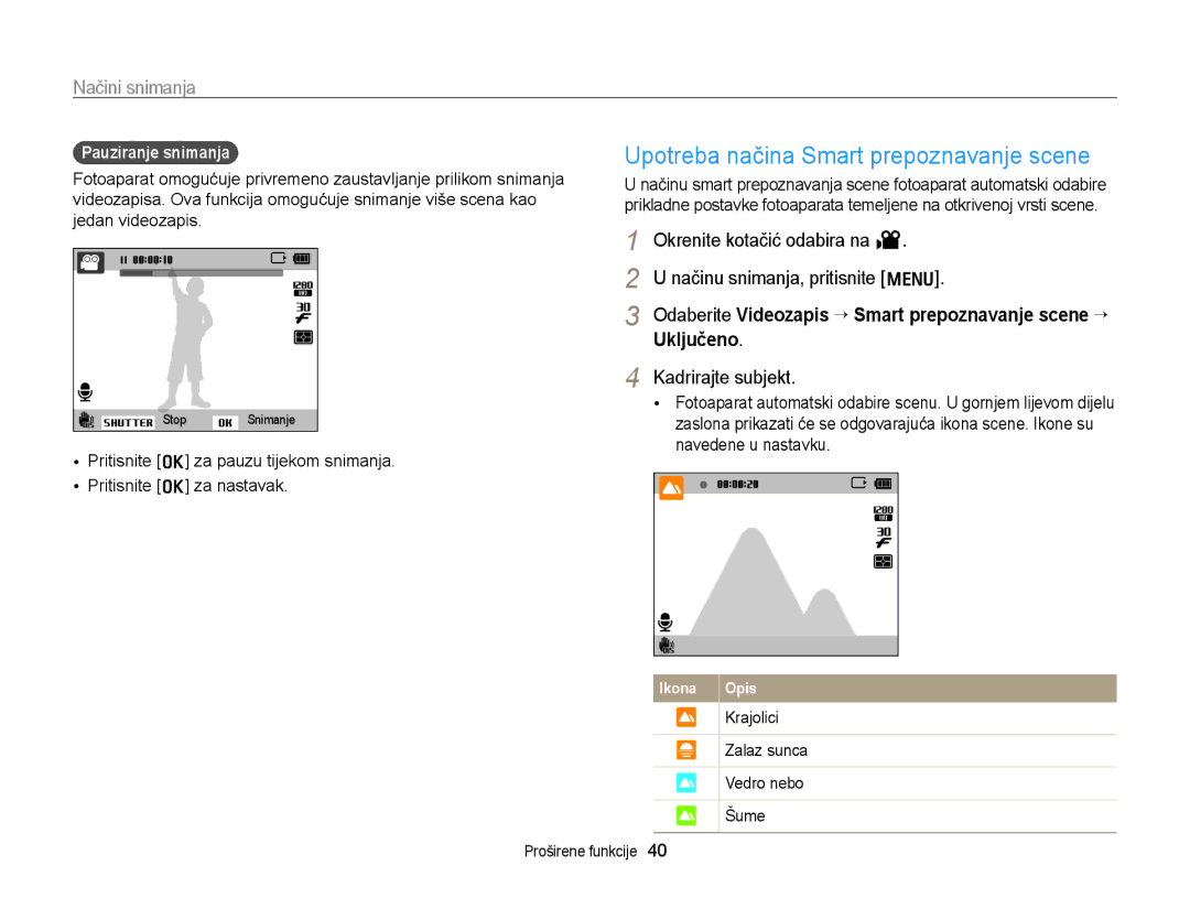 Samsung EC-PL170ZBPPE3, EC-PL170ZBPBE3, EC-PL170ZBPSE3 manual Upotreba načina Smart prepoznavanje scene, Pauziranje snimanja 