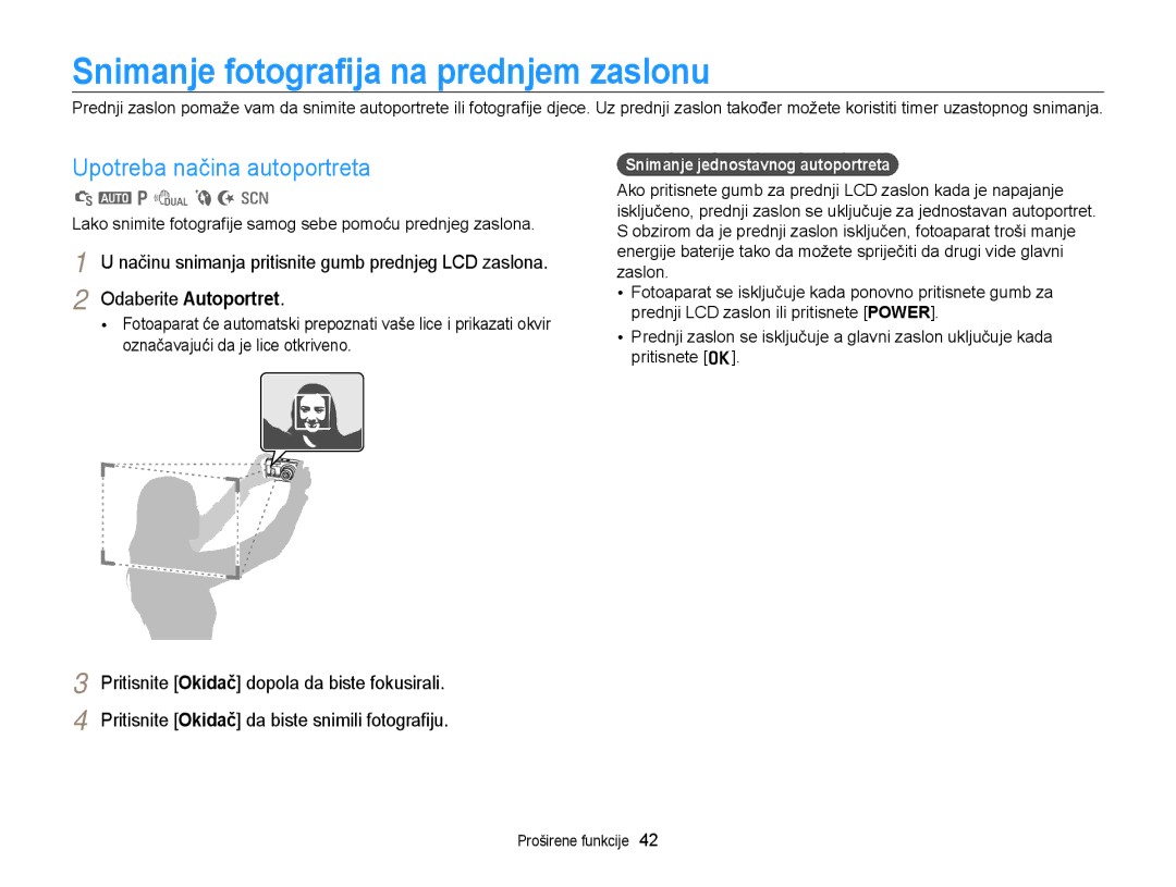 Samsung EC-PL170ZFPBE3, EC-PL170ZBPBE3 manual Snimanje fotograﬁja na prednjem zaslonu, Upotreba načina autoportreta 