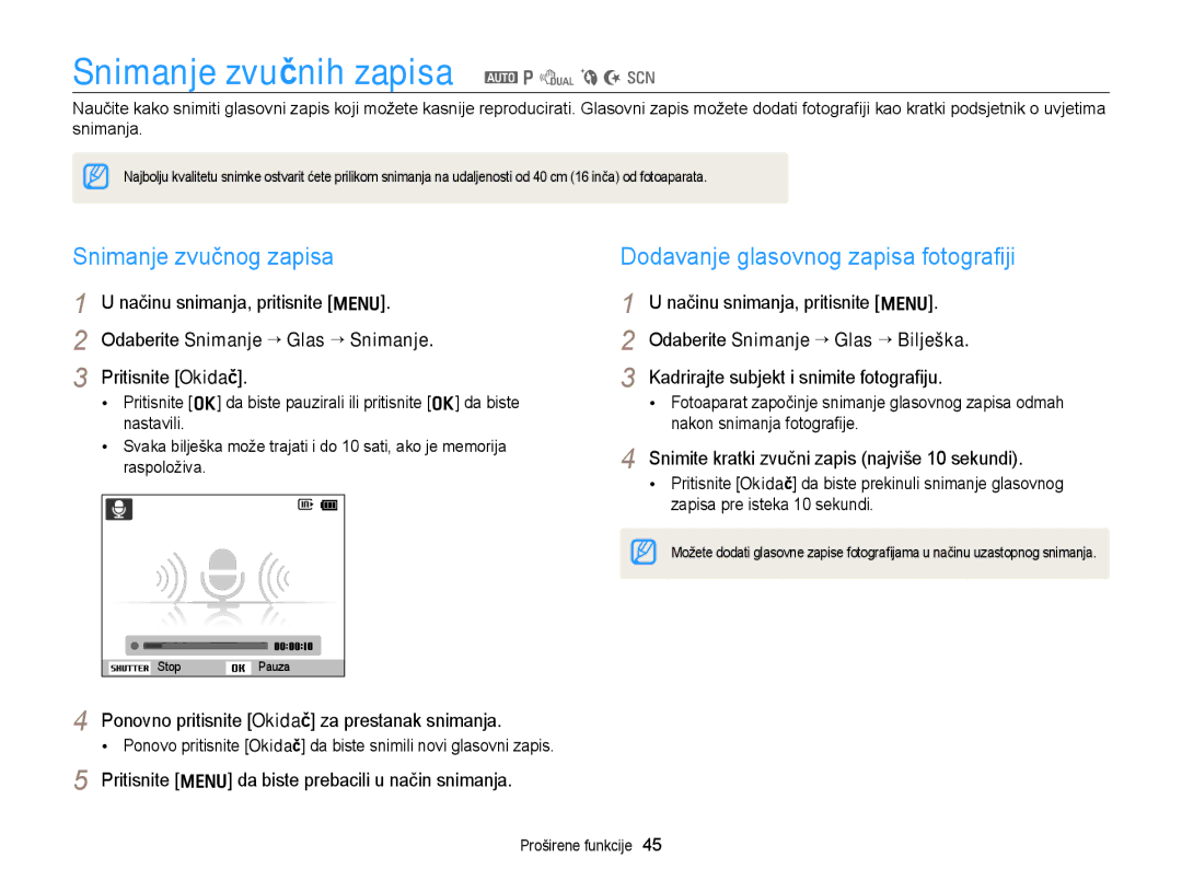 Samsung EC-PL170ZBPSE3 Snimanje zvučnih zapisa a p d b N s, Snimanje zvučnog zapisa, Odaberite Snimanje “ Glas “ Snimanje 