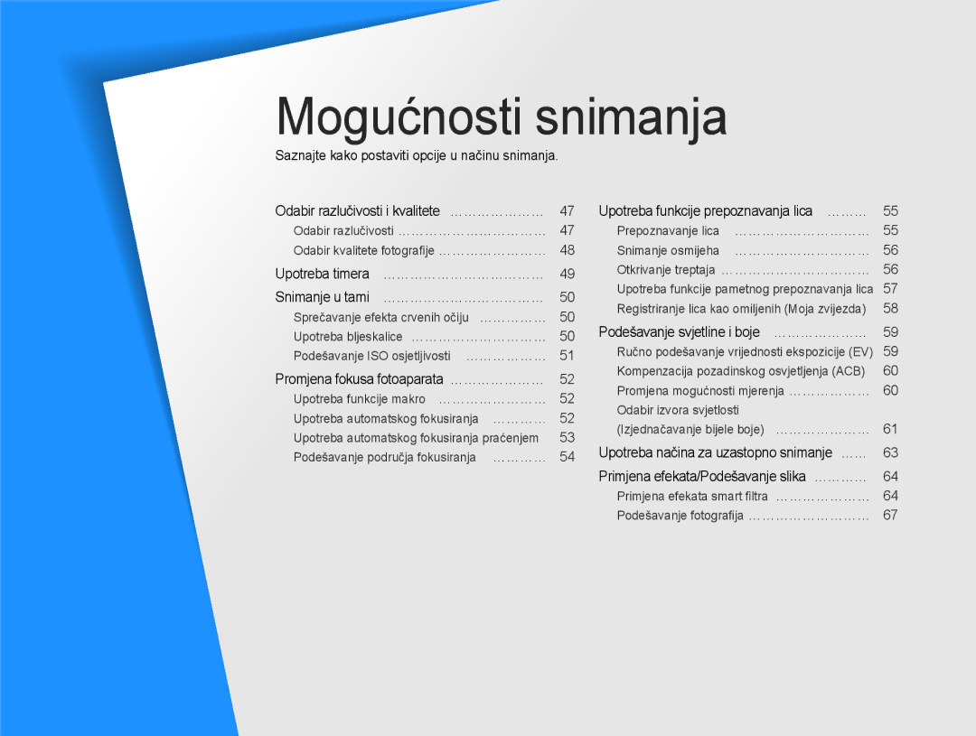 Samsung EC-PL170ZFPBE3, EC-PL170ZBPBE3, EC-PL170ZBPPE3, EC-PL170ZBPSE3 manual Mogućnosti snimanja 