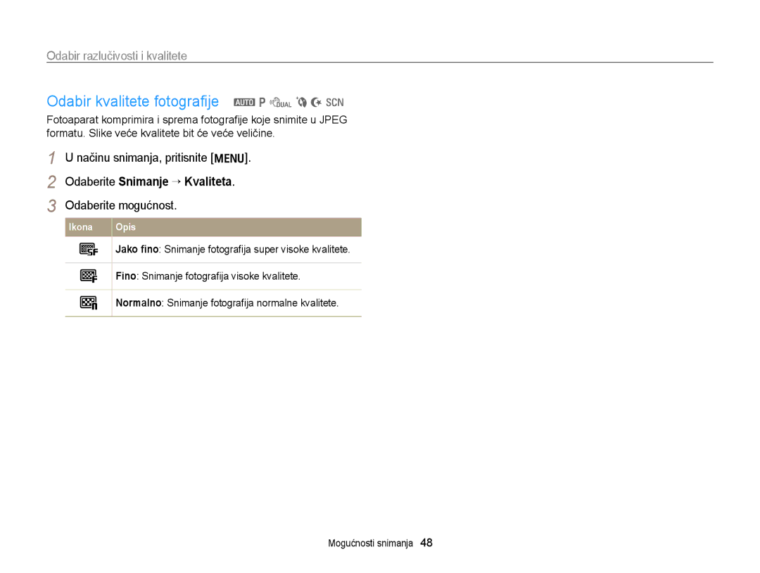 Samsung EC-PL170ZBPPE3, EC-PL170ZBPBE3 manual Odabir kvalitete fotograﬁje a p d b N s, Odabir razlučivosti i kvalitete 