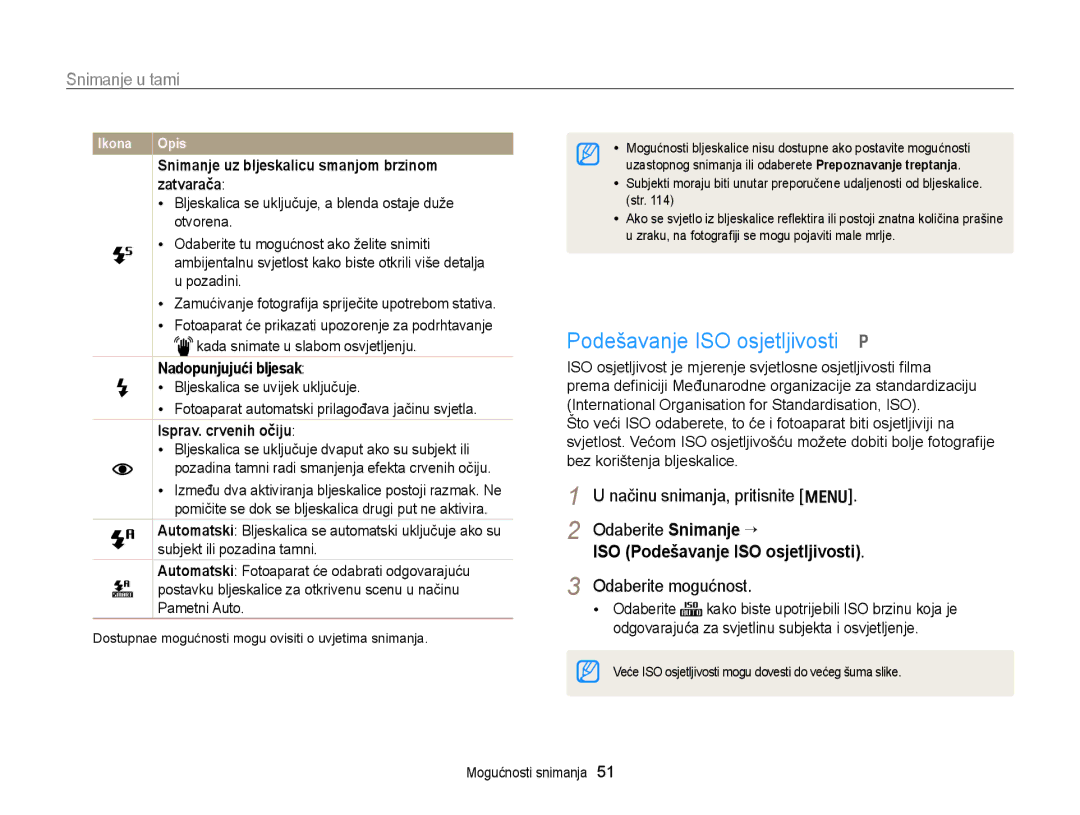 Samsung EC-PL170ZBPBE3, EC-PL170ZBPPE3 Podešavanje ISO osjetljivosti p, Snimanje u tami, ISO Podešavanje ISO osjetljivosti 