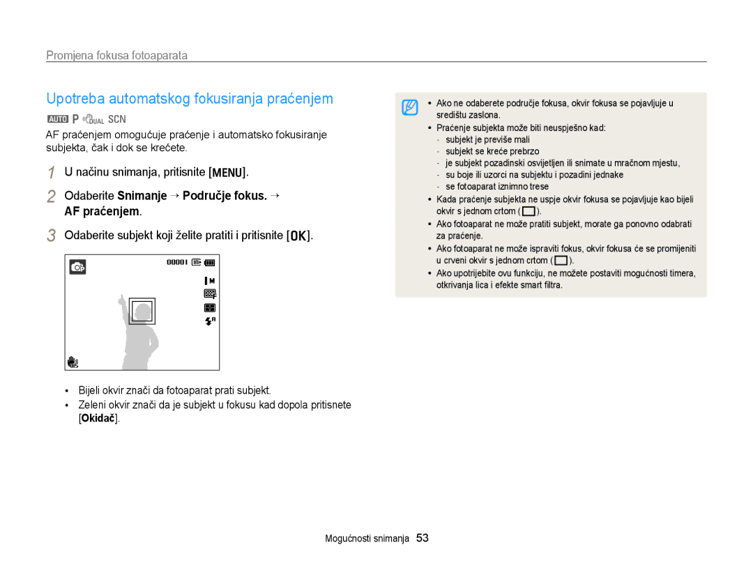 Samsung EC-PL170ZBPSE3 manual Upotreba automatskog fokusiranja praćenjem, Promjena fokusa fotoaparata, AF praćenjem 