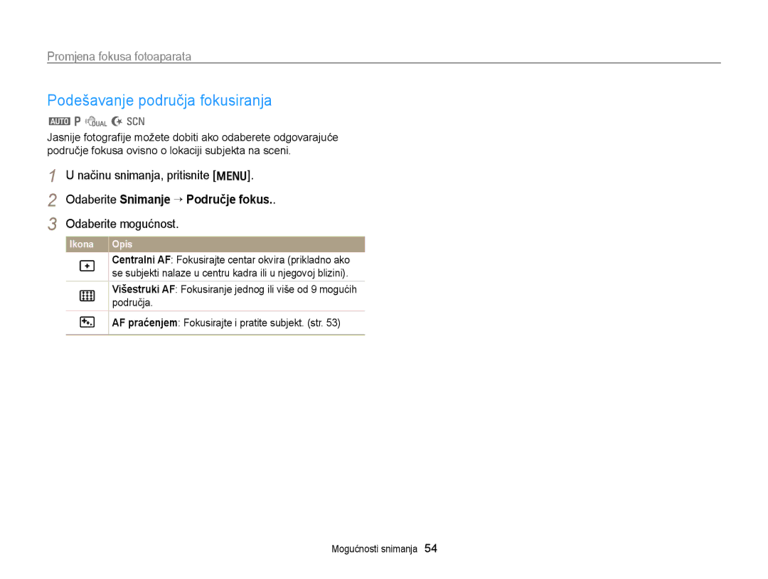 Samsung EC-PL170ZFPBE3, EC-PL170ZBPBE3, EC-PL170ZBPPE3, EC-PL170ZBPSE3 manual Podešavanje područja fokusiranja, D N s 