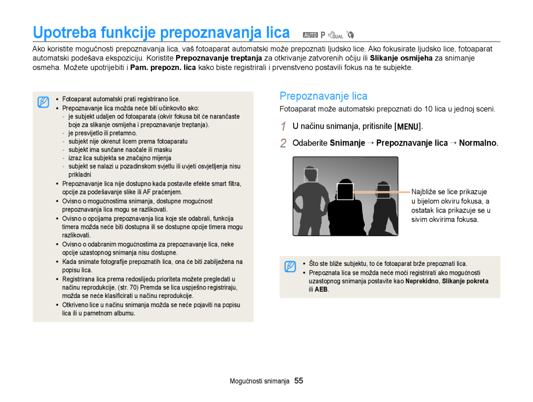 Samsung EC-PL170ZBPBE3, EC-PL170ZBPPE3, EC-PL170ZBPSE3 Upotreba funkcije prepoznavanja lica a p d b, Prepoznavanje lica 