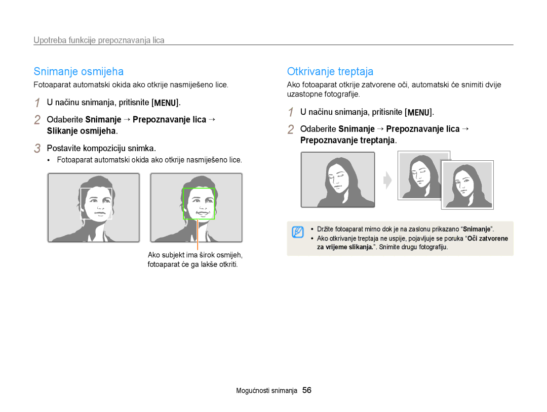 Samsung EC-PL170ZBPPE3, EC-PL170ZBPBE3 manual Snimanje osmijeha, Otkrivanje treptaja, Upotreba funkcije prepoznavanja lica 