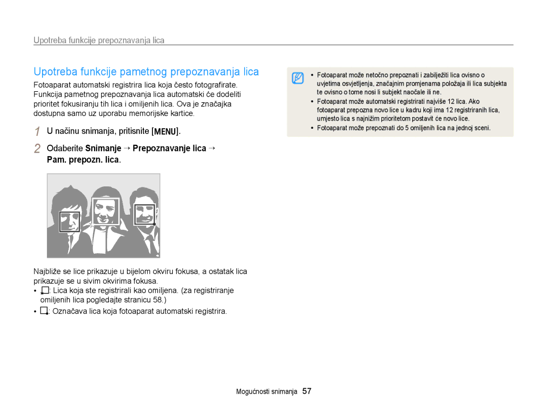 Samsung EC-PL170ZBPSE3, EC-PL170ZBPBE3, EC-PL170ZBPPE3, EC-PL170ZFPBE3 manual Upotreba funkcije pametnog prepoznavanja lica 