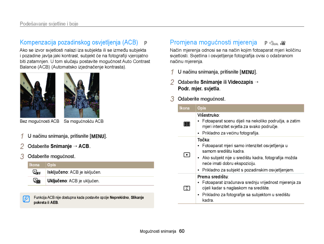 Samsung EC-PL170ZBPPE3, EC-PL170ZBPBE3 manual Kompenzacija pozadinskog osvjetljenja ACB p, Promjena mogućnosti mjerenja p d 